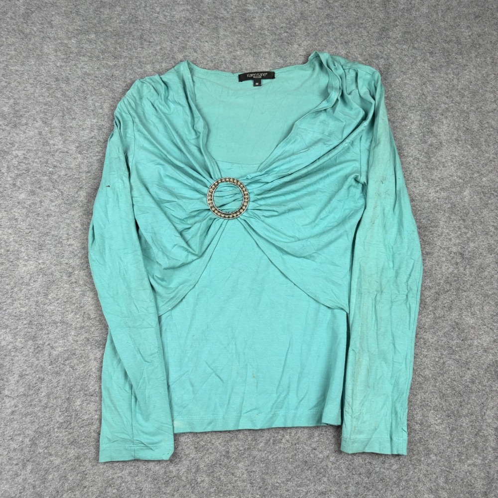 Karen Kane Top Womens Medium Petites Teal Long Sleeve Ring Detail Ruched Chic